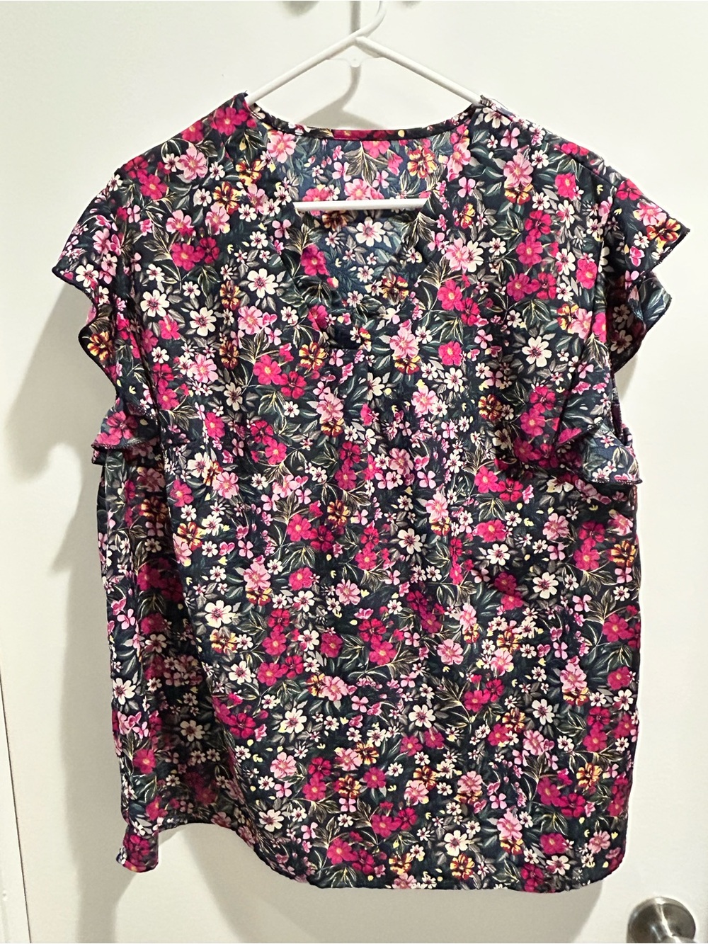 Women's Floral Ruffle Sleeve Blouse - Navy & Pink